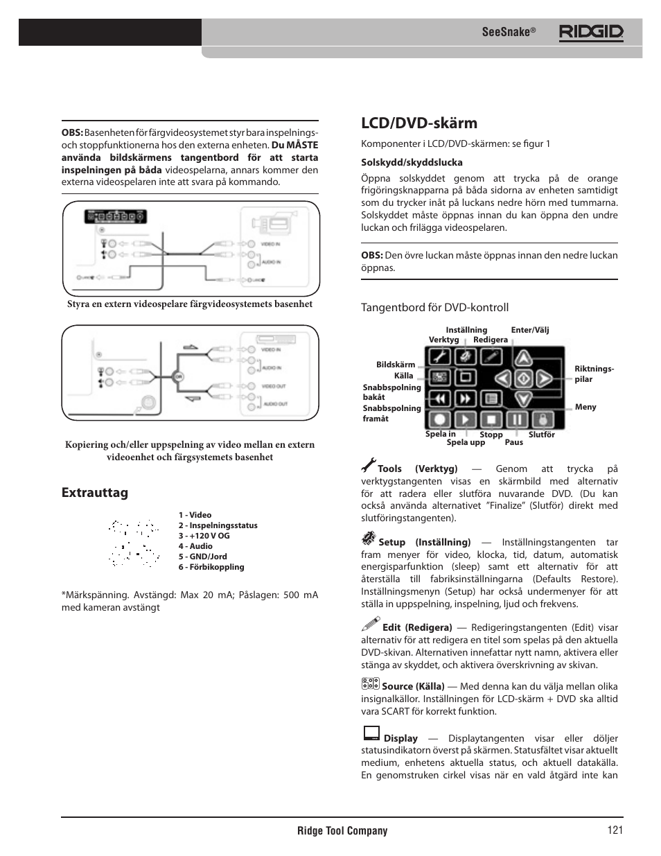 Lcd/dvd-skärm, Extrauttag, Seesnake | Tangentbord för dvd-kontroll | RIDGID SeeSnake User Manual | Page 122 / 302