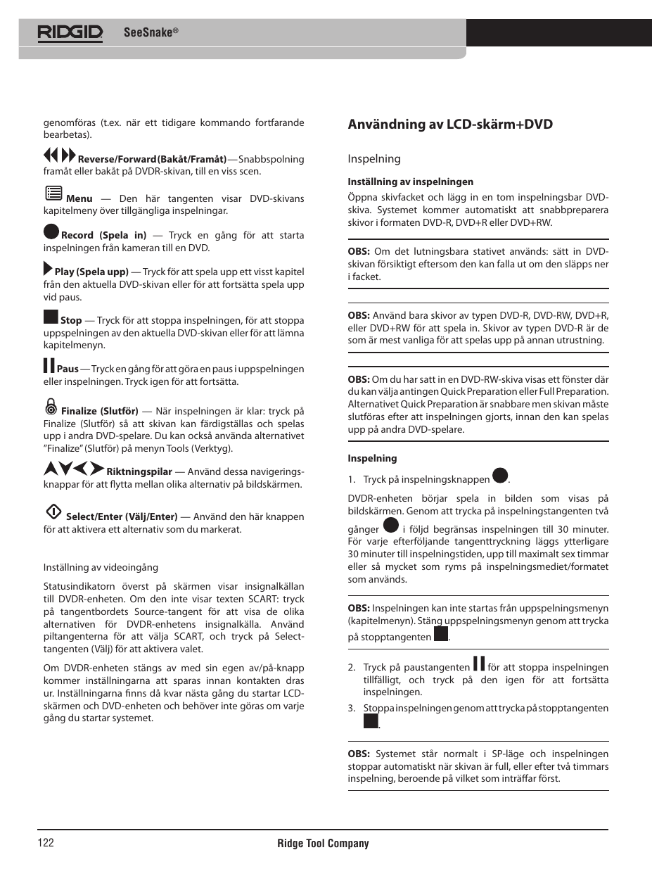 Användning av lcd-skärm+dvd | RIDGID SeeSnake User Manual | Page 123 / 302