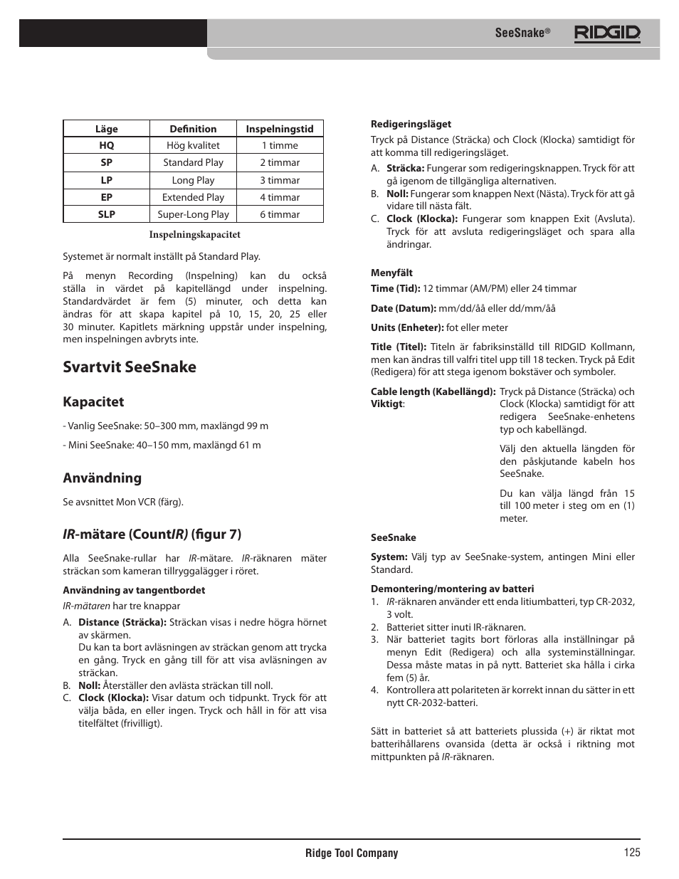 Svartvit seesnake, Kapacitet, Användning | Ir -mätare (count ir) (figur 7) | RIDGID SeeSnake User Manual | Page 126 / 302