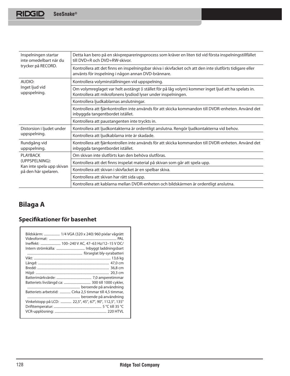 Bilaga a, Specifikationer för basenhet | RIDGID SeeSnake User Manual | Page 129 / 302