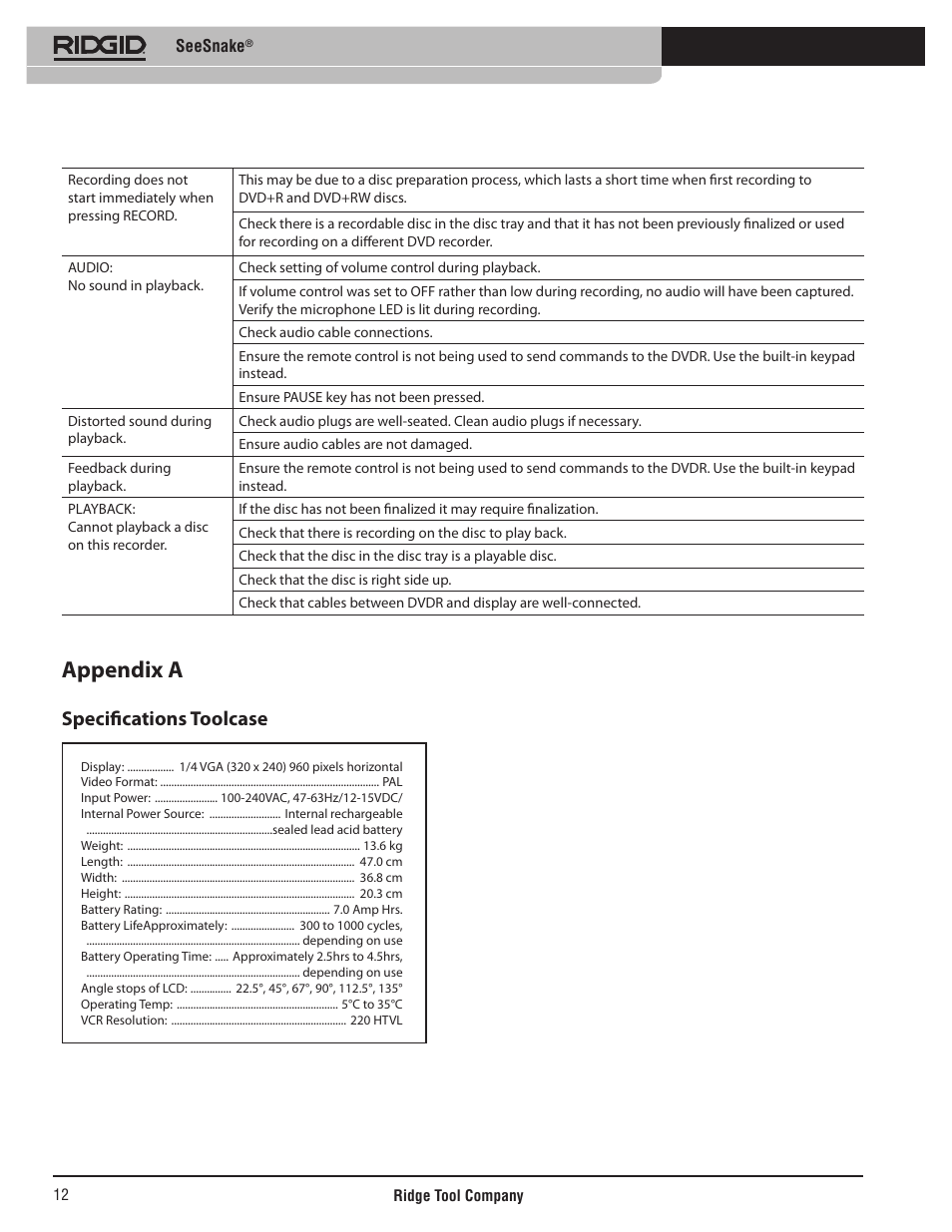 Appendix a, Specifications toolcase | RIDGID SeeSnake User Manual | Page 13 / 302