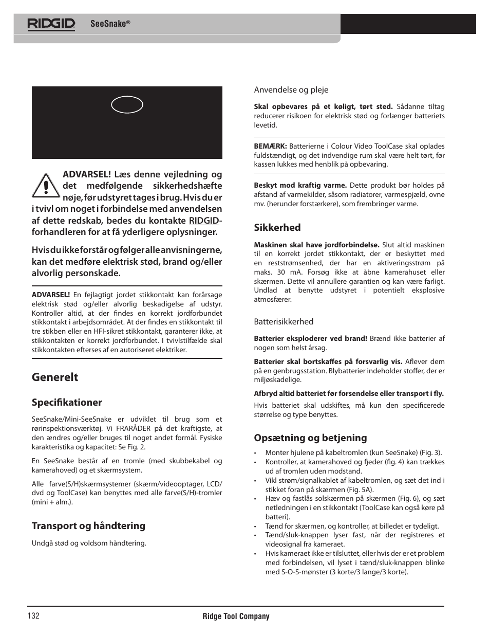 Seesnake, Betjeningsvejledning, Generelt | Specifikationer, Transport og håndtering, Sikkerhed, Opsætning og betjening | RIDGID SeeSnake User Manual | Page 133 / 302