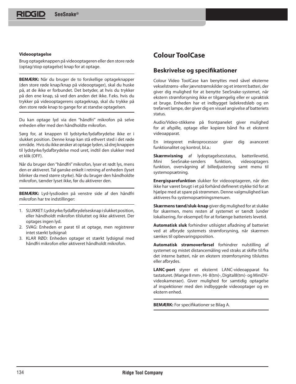 Colour toolcase, Beskrivelse og specifikationer | RIDGID SeeSnake User Manual | Page 135 / 302