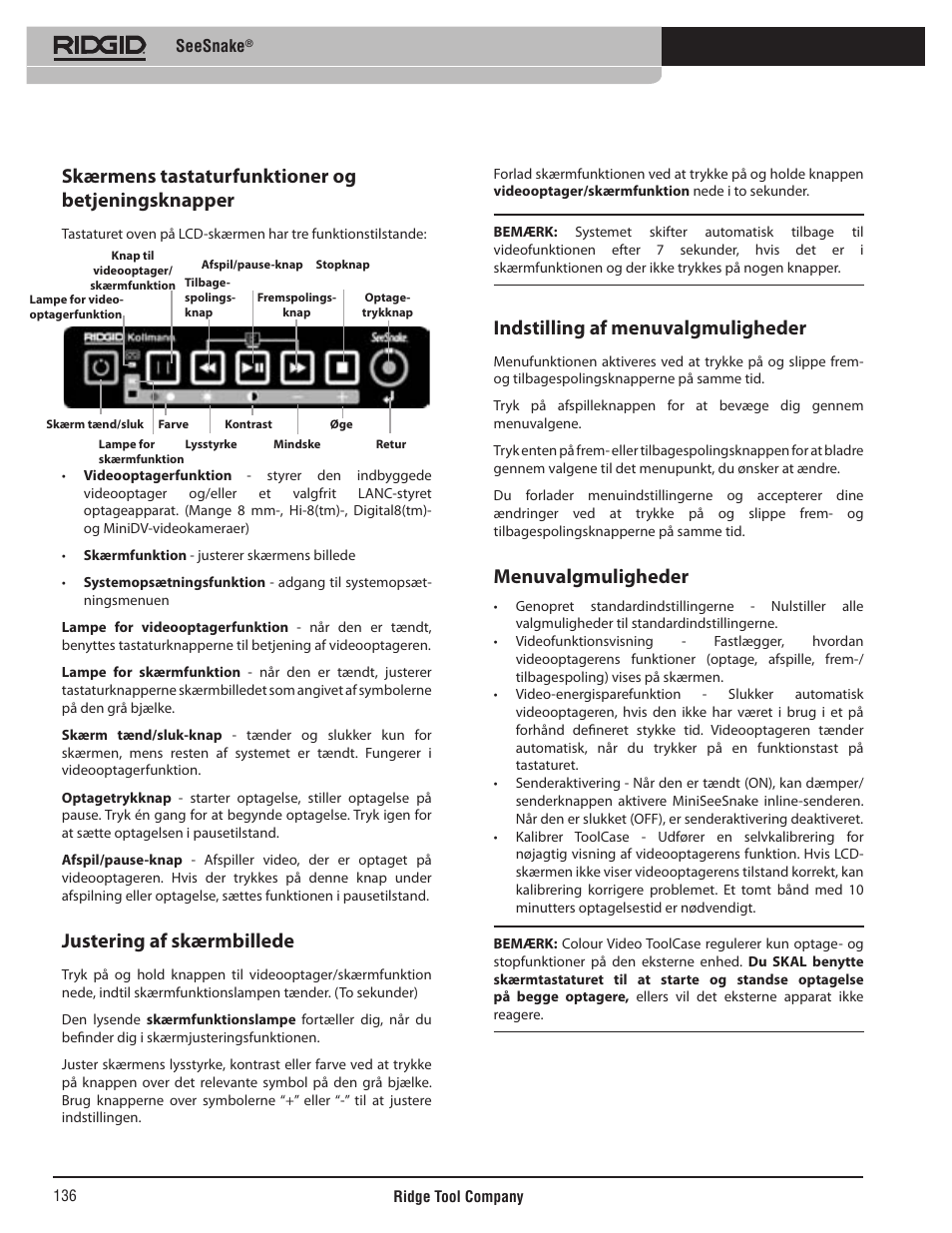 Skærmens tastaturfunktioner og betjeningsknapper, Justering af skærmbillede, Indstilling af menuvalgmuligheder | Menuvalgmuligheder | RIDGID SeeSnake User Manual | Page 137 / 302