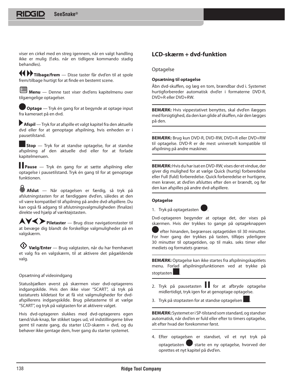 Lcd-skærm + dvd-funktion | RIDGID SeeSnake User Manual | Page 139 / 302