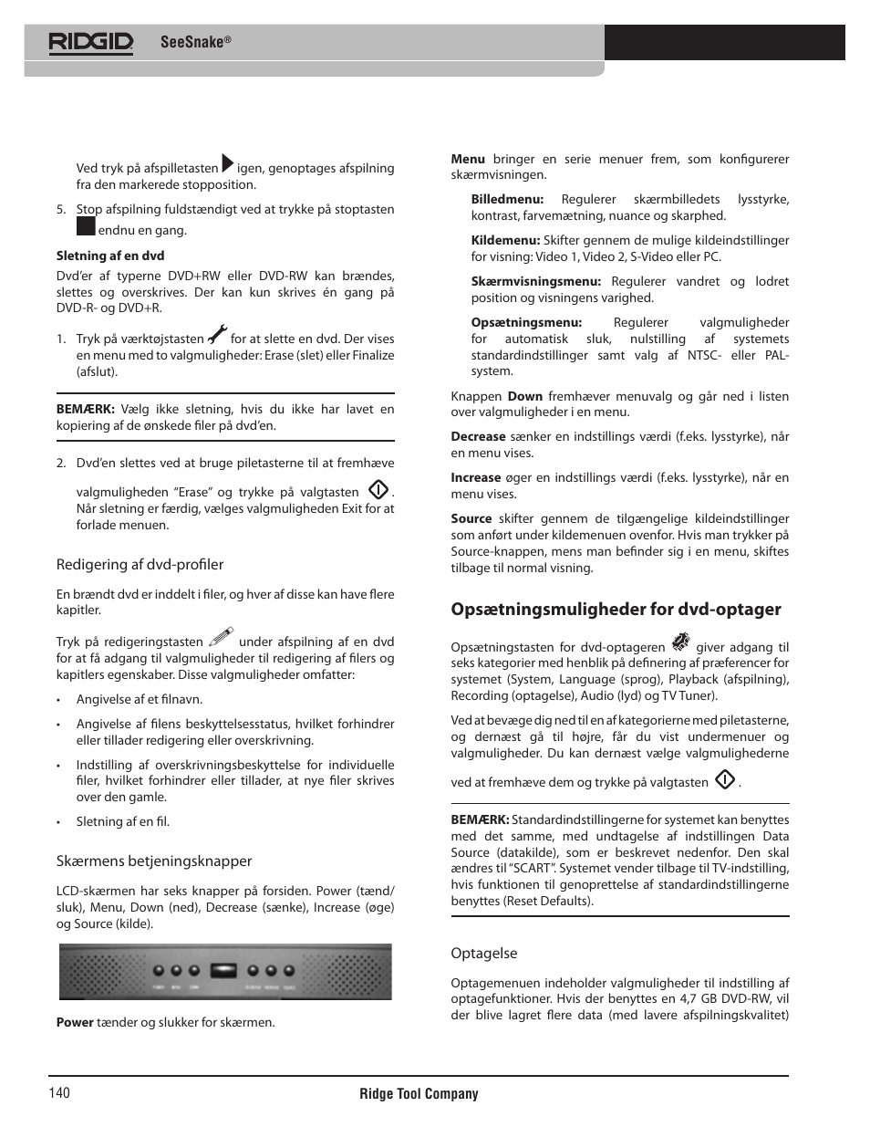 Opsætningsmuligheder for dvd-optager | RIDGID SeeSnake User Manual | Page 141 / 302