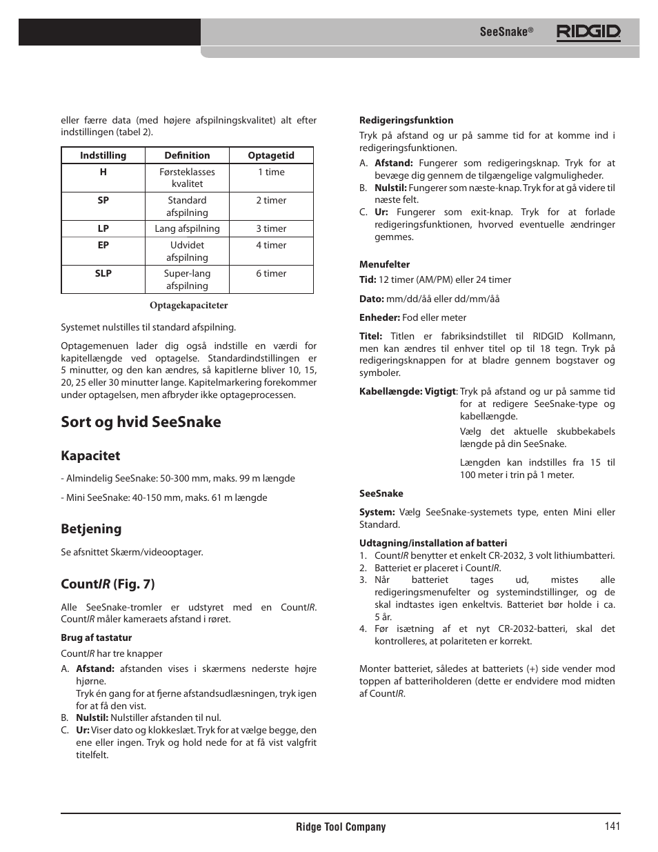 Sort og hvid seesnake, Kapacitet, Betjening | Count ir (fig. 7) | RIDGID SeeSnake User Manual | Page 142 / 302