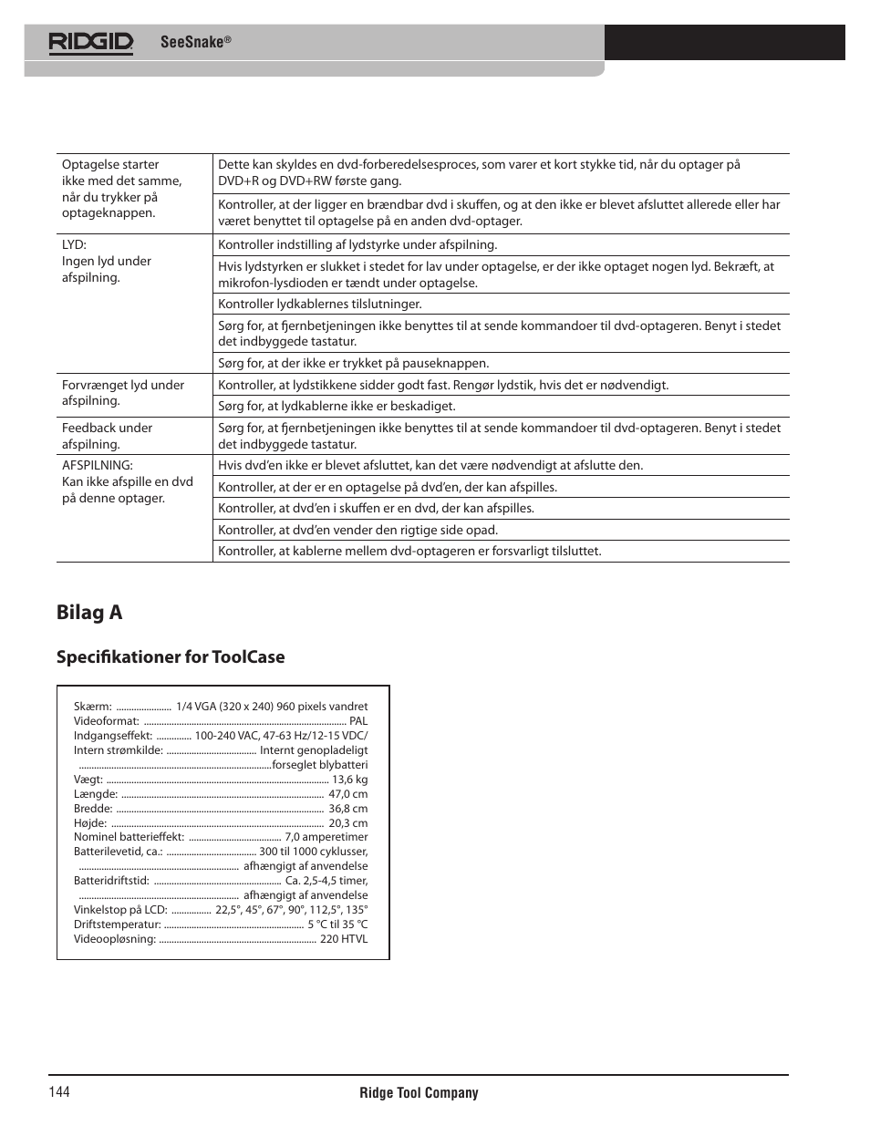 Bilag a, Specifikationer for toolcase | RIDGID SeeSnake User Manual | Page 145 / 302