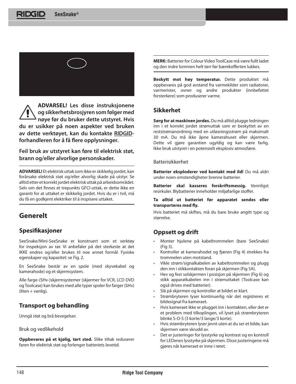 Seesnake, Brukerveiledning, Generelt | Spesifikasjoner, Transport og behandling, Sikkerhet, Oppsett og drift | RIDGID SeeSnake User Manual | Page 149 / 302