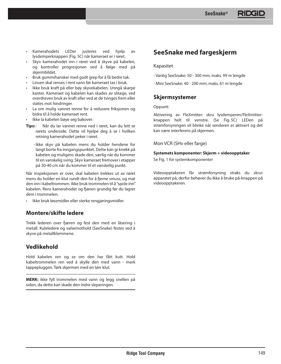 Seesnake med fargeskjerm, Montere/skifte ledere, Vedlikehold | Skjermsystemer | RIDGID SeeSnake User Manual | Page 150 / 302