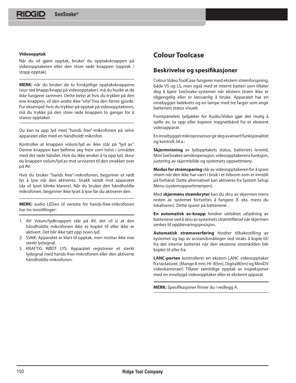 Colour toolcase, Beskrivelse og spesifikasjoner | RIDGID SeeSnake User Manual | Page 151 / 302