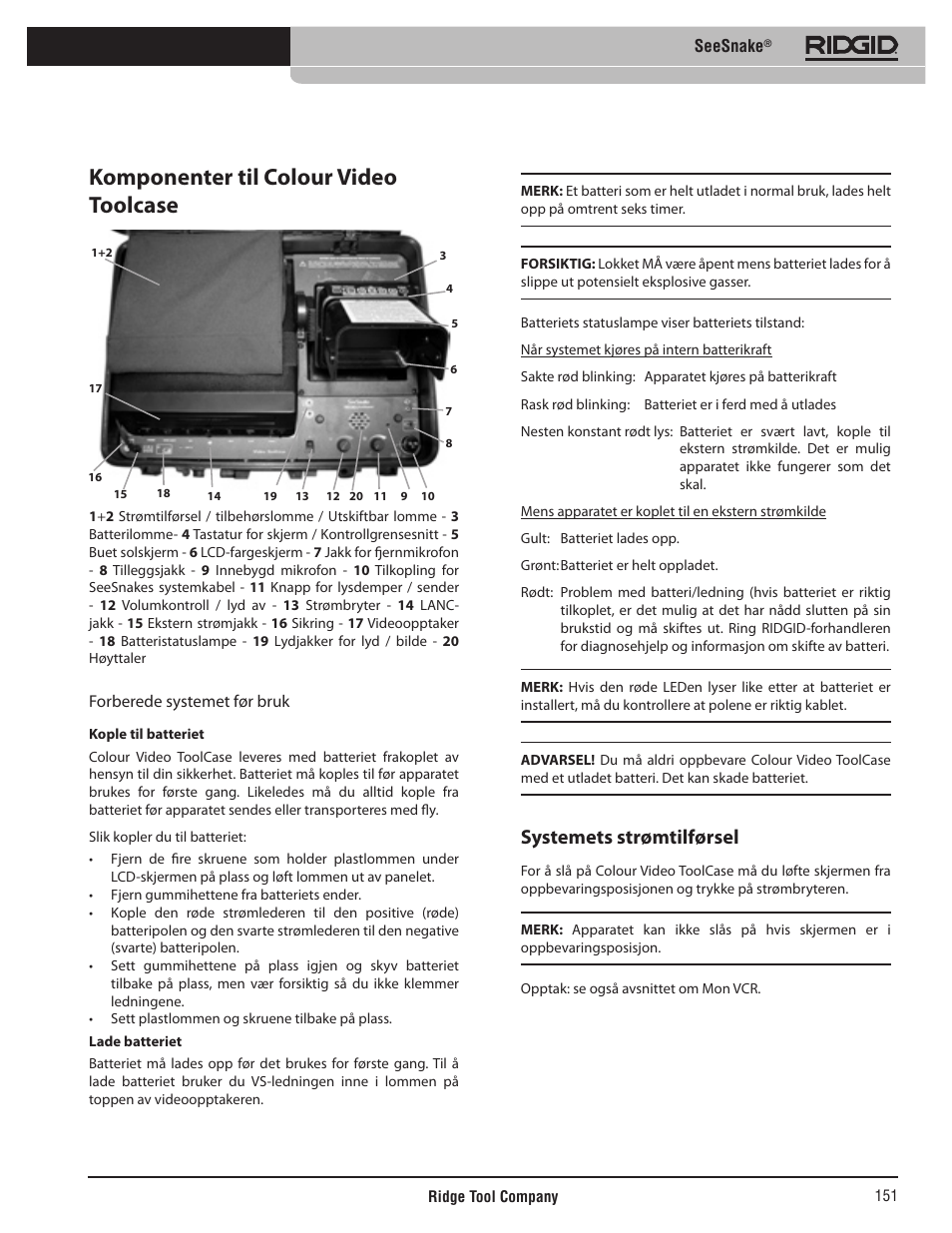 Komponenter til colour video toolcase, Systemets strømtilførsel | RIDGID SeeSnake User Manual | Page 152 / 302