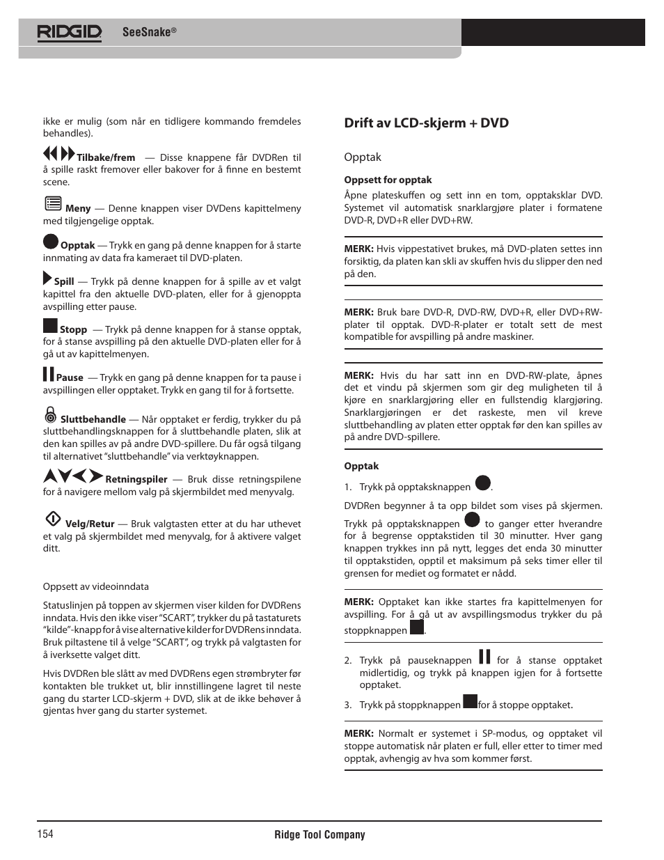 Drift av lcd-skjerm + dvd | RIDGID SeeSnake User Manual | Page 155 / 302