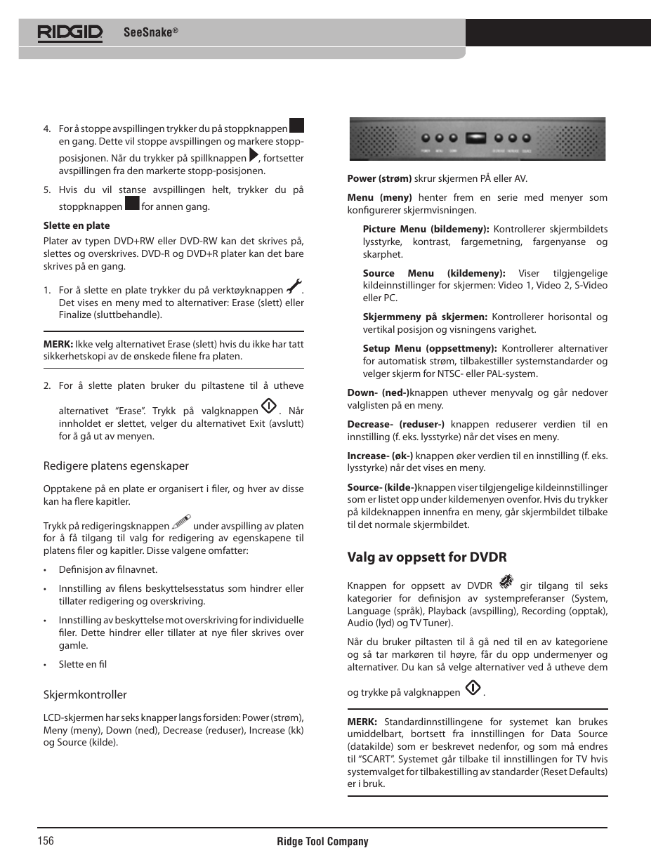 Valg av oppsett for dvdr | RIDGID SeeSnake User Manual | Page 157 / 302