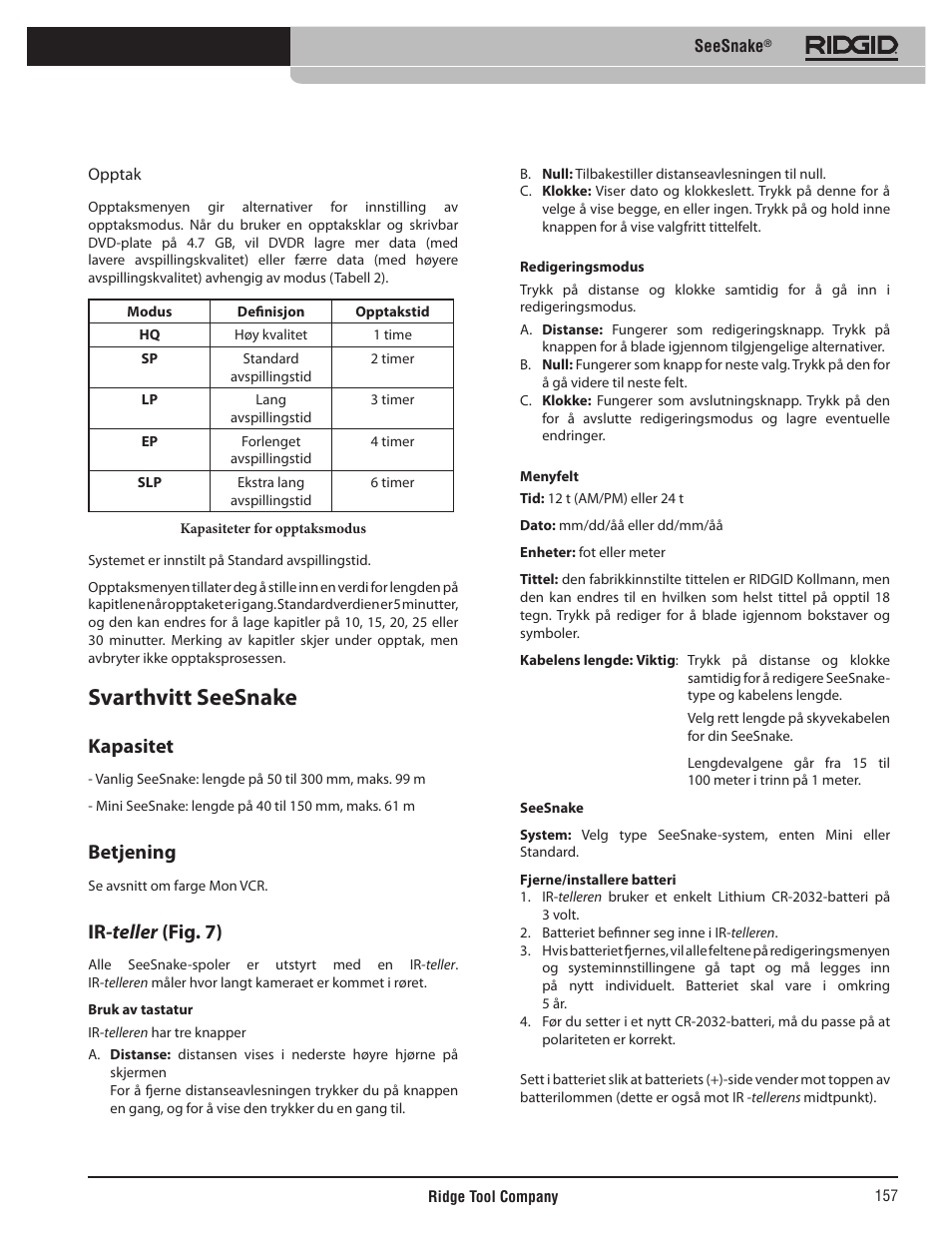 Svarthvitt seesnake, Kapasitet, Betjening | Ir -teller (fig. 7) | RIDGID SeeSnake User Manual | Page 158 / 302