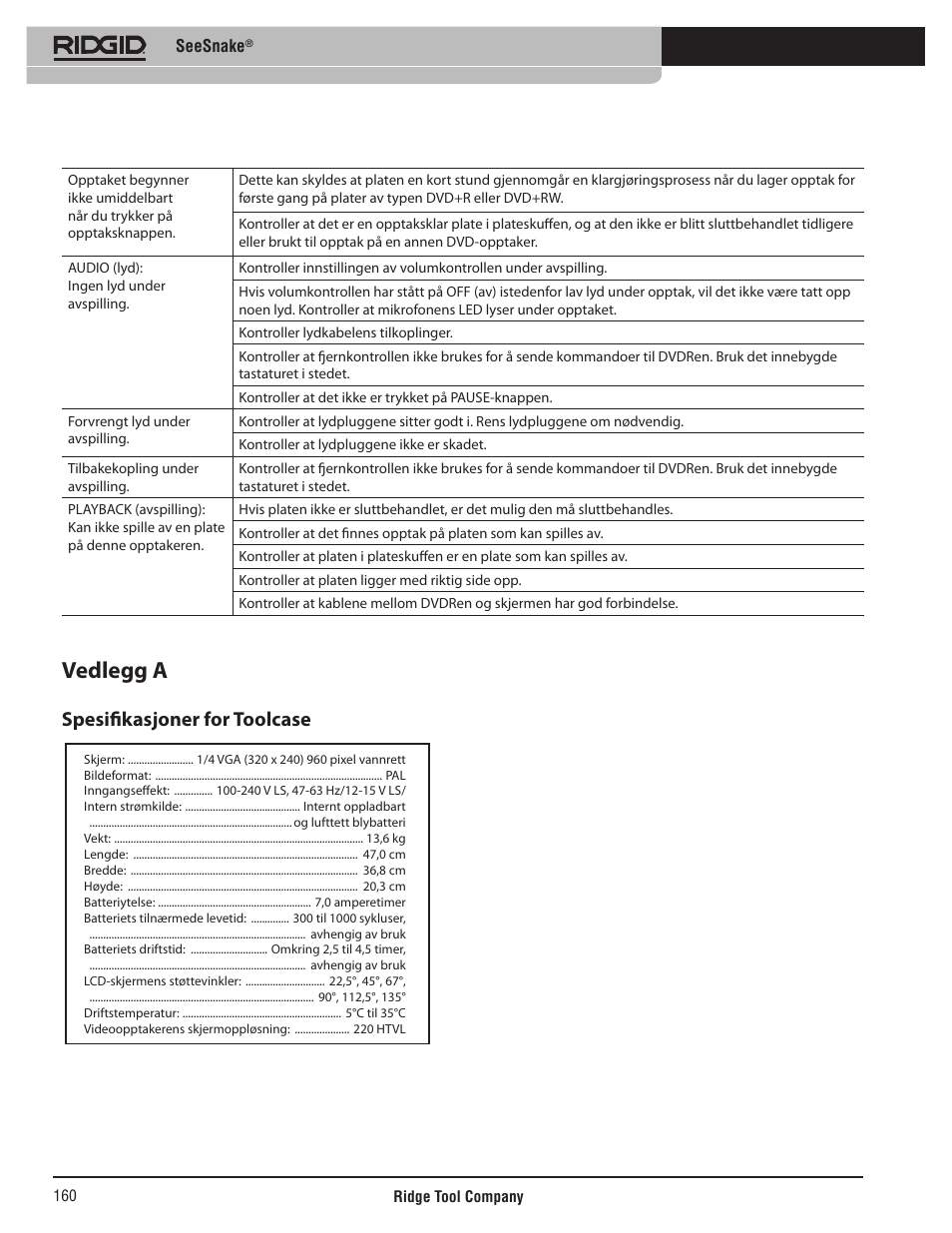 Vedlegg a, Spesifikasjoner for toolcase | RIDGID SeeSnake User Manual | Page 161 / 302