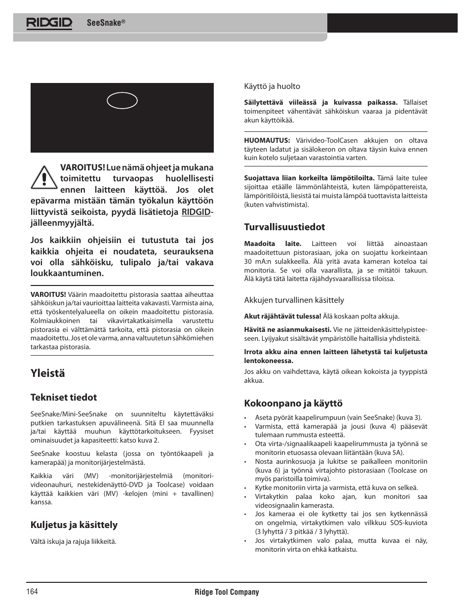 Seesnake, Käyttöohjeet, Yleistä | Tekniset tiedot, Kuljetus ja käsittely, Turvallisuustiedot, Kokoonpano ja käyttö | RIDGID SeeSnake User Manual | Page 165 / 302
