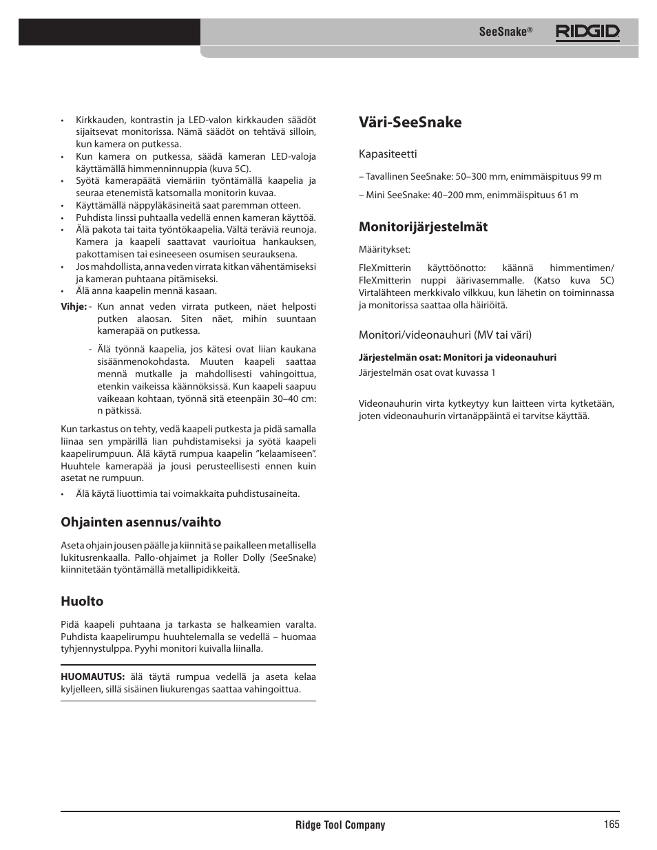 Väri-seesnake, Ohjainten asennus/vaihto, Huolto | Monitorijärjestelmät | RIDGID SeeSnake User Manual | Page 166 / 302