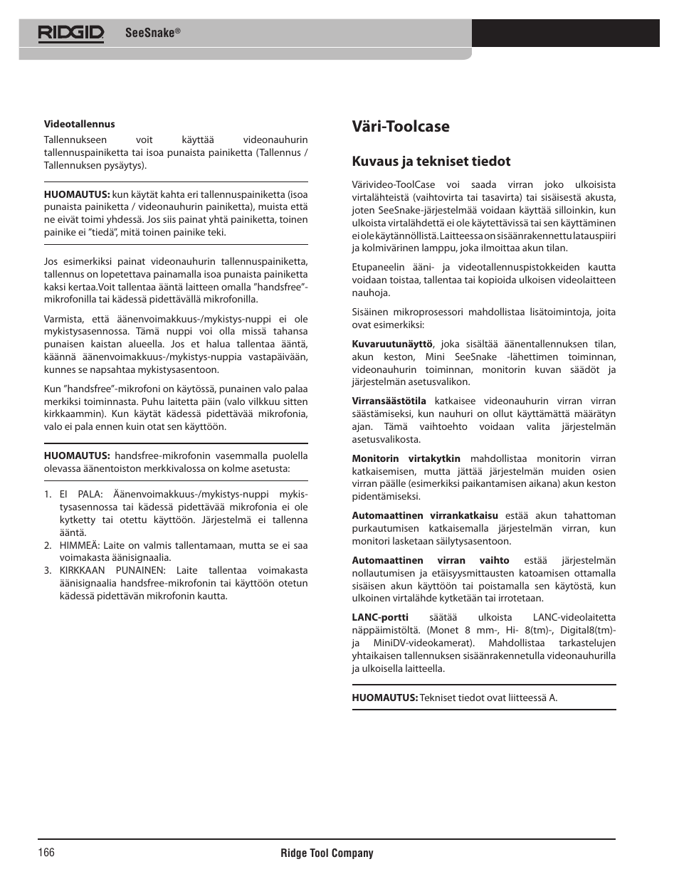 Väri-toolcase, Kuvaus ja tekniset tiedot | RIDGID SeeSnake User Manual | Page 167 / 302