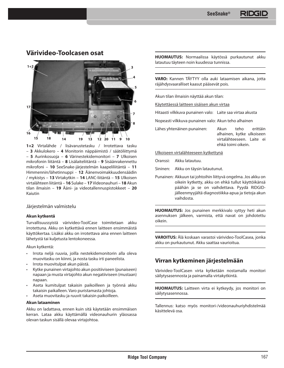 Värivideo-toolcasen osat, Virran kytkeminen järjestelmään | RIDGID SeeSnake User Manual | Page 168 / 302