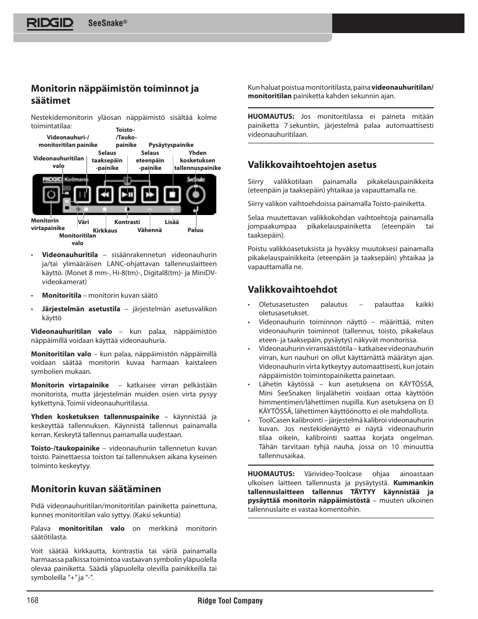 Monitorin näppäimistön toiminnot ja säätimet, Monitorin kuvan säätäminen, Valikkovaihtoehtojen asetus | Valikkovaihtoehdot | RIDGID SeeSnake User Manual | Page 169 / 302