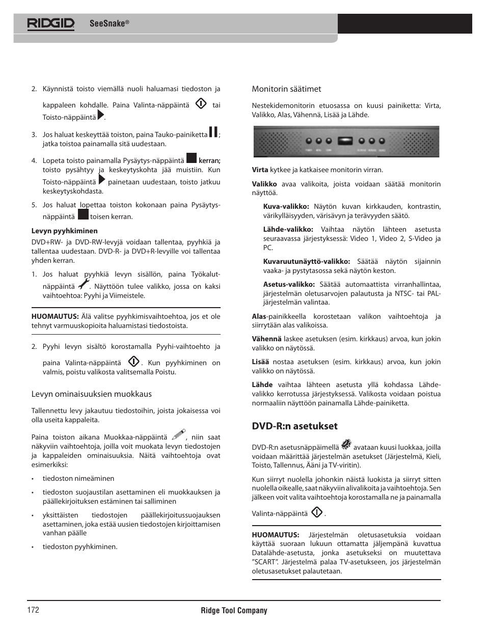 Dvd-r:n asetukset | RIDGID SeeSnake User Manual | Page 173 / 302