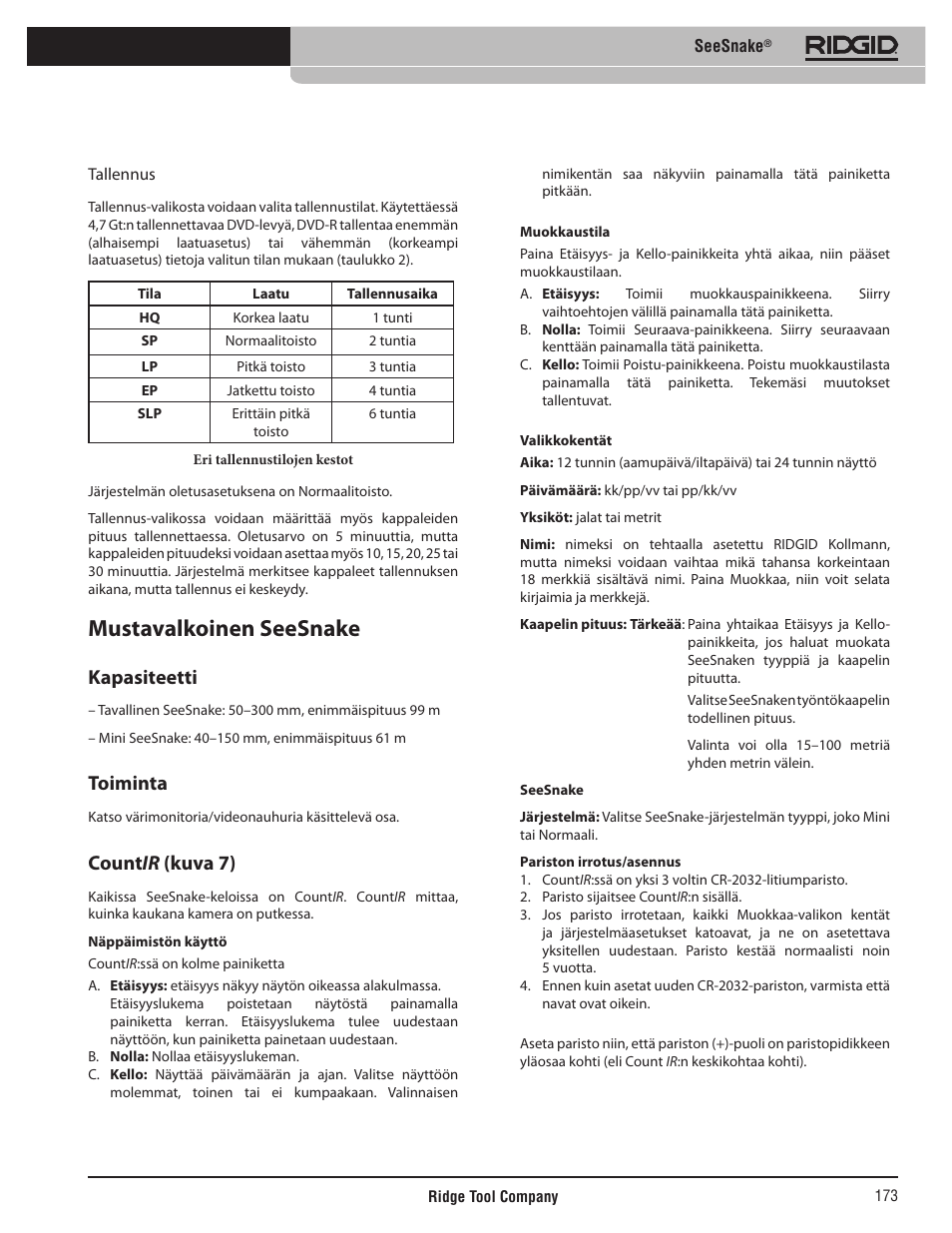 Mustavalkoinen seesnake, Kapasiteetti, Toiminta | Count ir (kuva 7) | RIDGID SeeSnake User Manual | Page 174 / 302