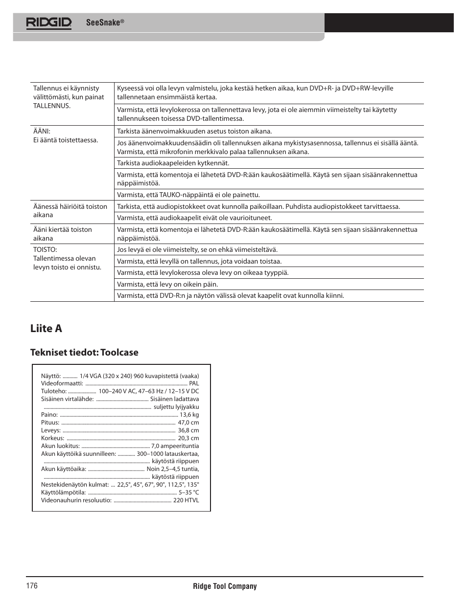Liite a, Tekniset tiedot: toolcase | RIDGID SeeSnake User Manual | Page 177 / 302