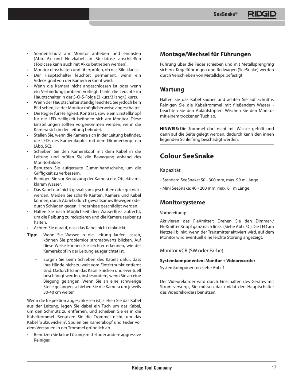 Colour seesnake, Montage/wechsel für führungen, Wartung | Monitorsysteme | RIDGID SeeSnake User Manual | Page 18 / 302