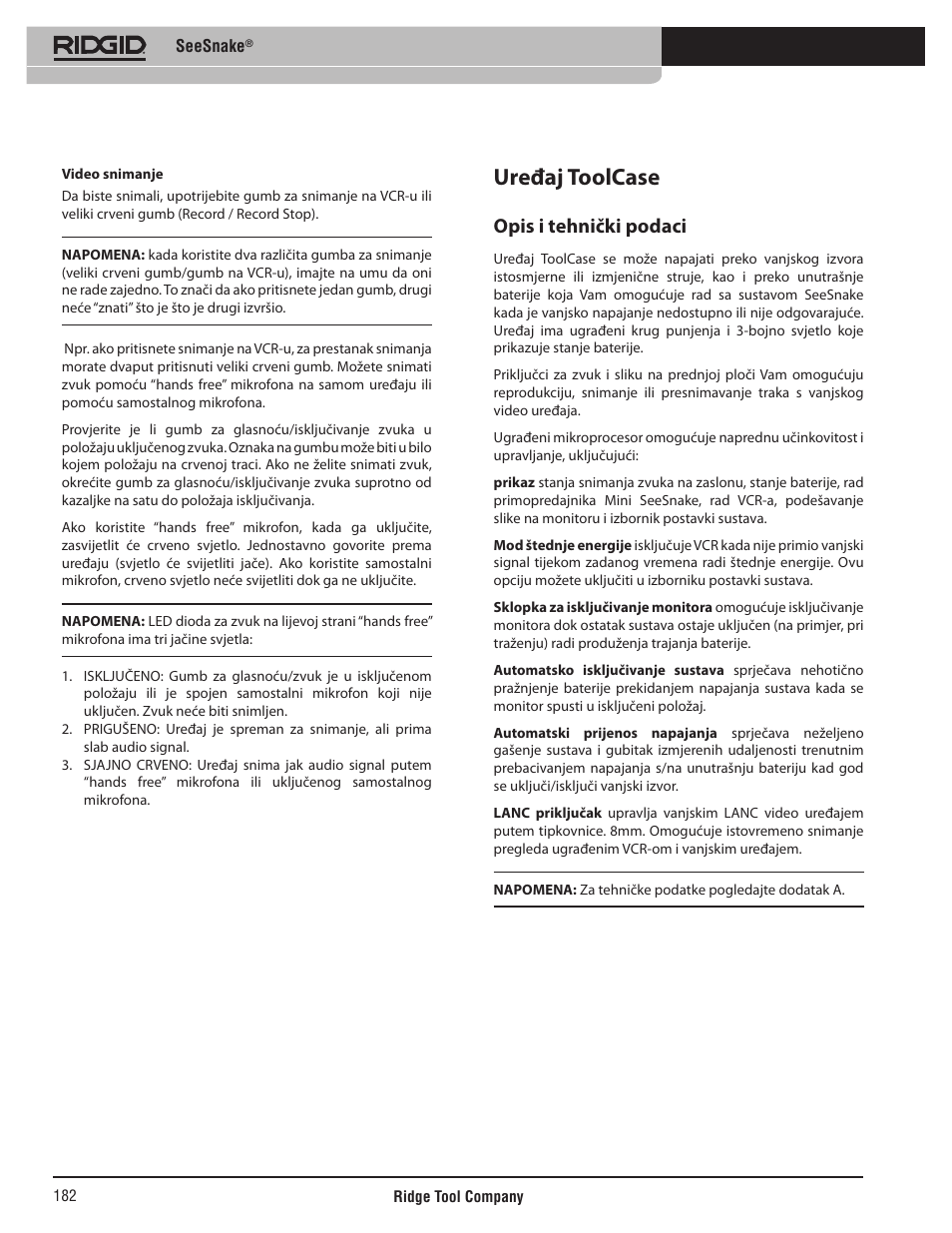 Uređaj toolcase, Opis i tehnički podaci | RIDGID SeeSnake User Manual | Page 183 / 302