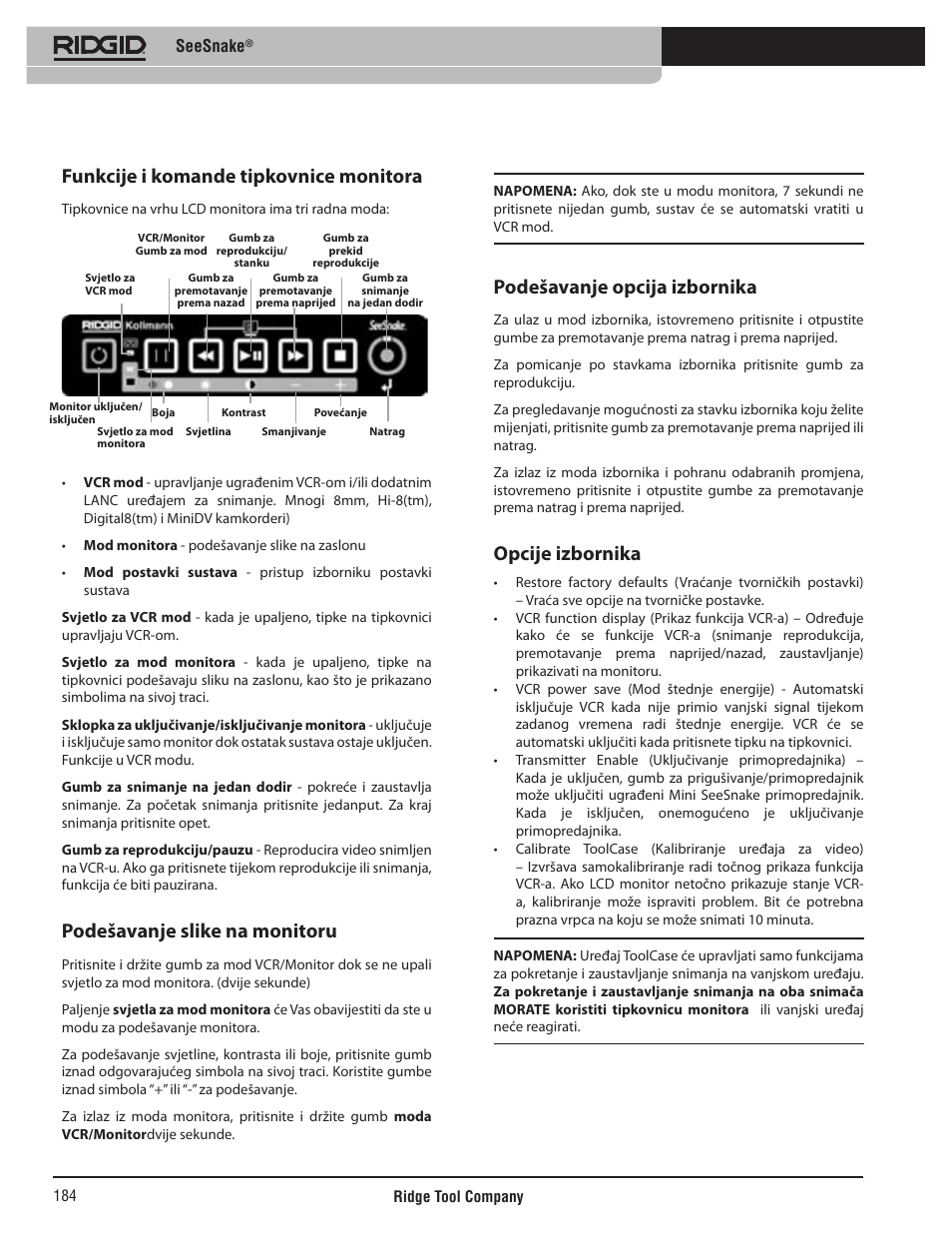 Funkcije i komande tipkovnice monitora, Podešavanje slike na monitoru, Podešavanje opcija izbornika | Opcije izbornika, Seesnake | RIDGID SeeSnake User Manual | Page 185 / 302