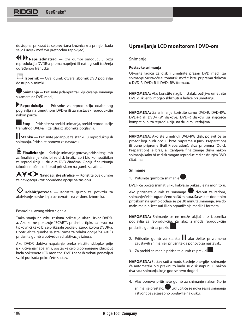 Upravljanje lcd monitorom i dvd-om | RIDGID SeeSnake User Manual | Page 187 / 302