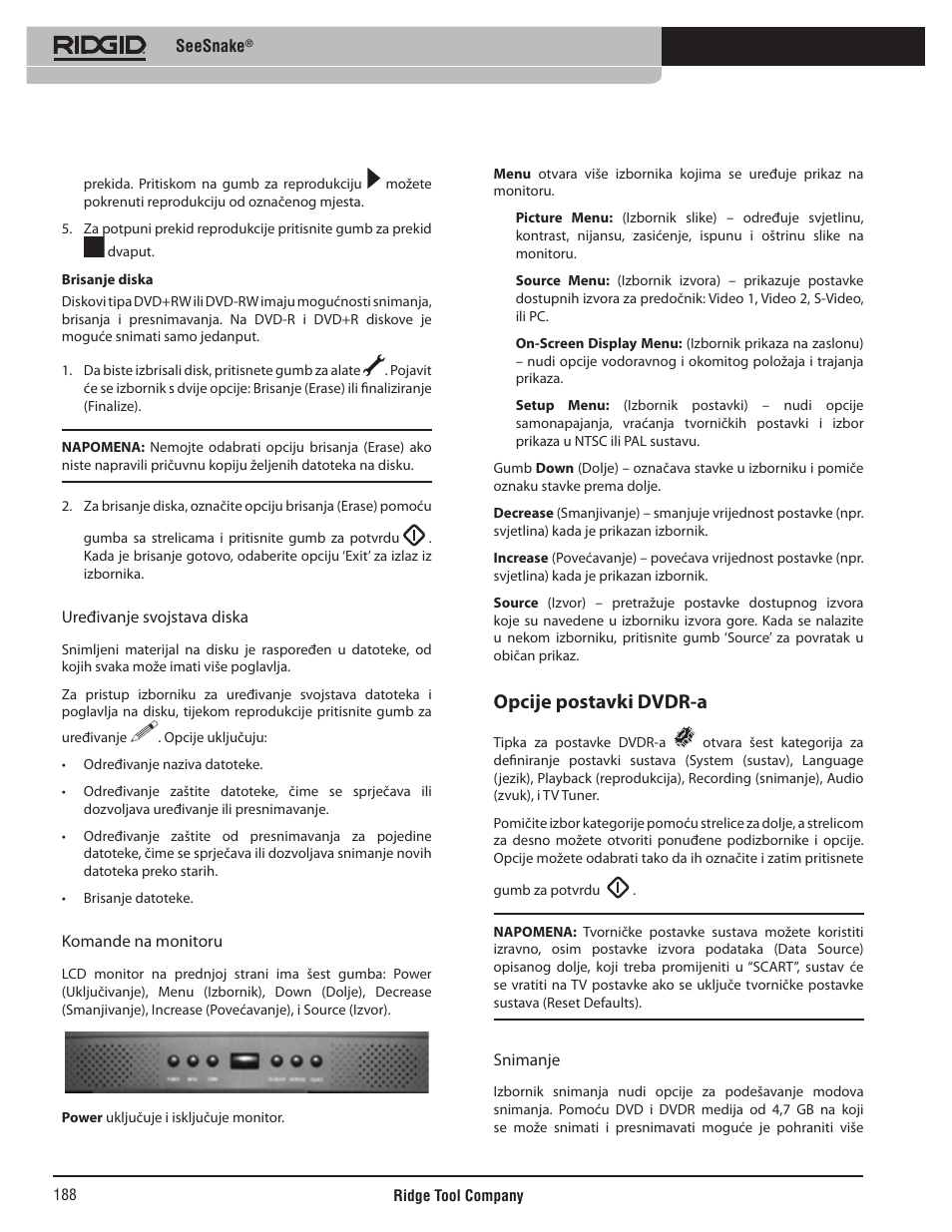 Opcije postavki dvdr-a | RIDGID SeeSnake User Manual | Page 189 / 302