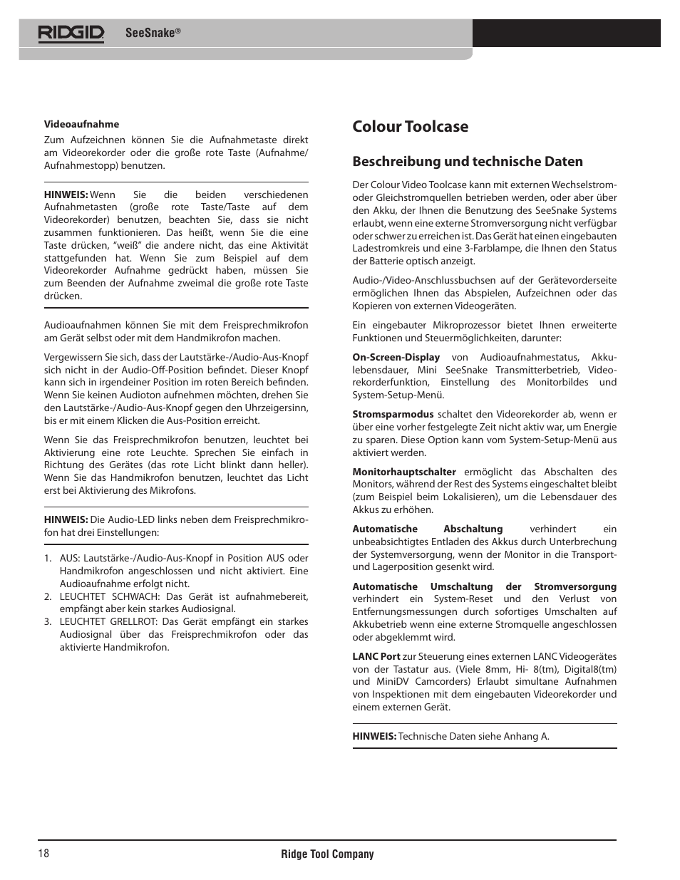 Colour toolcase, Beschreibung und technische daten | RIDGID SeeSnake User Manual | Page 19 / 302