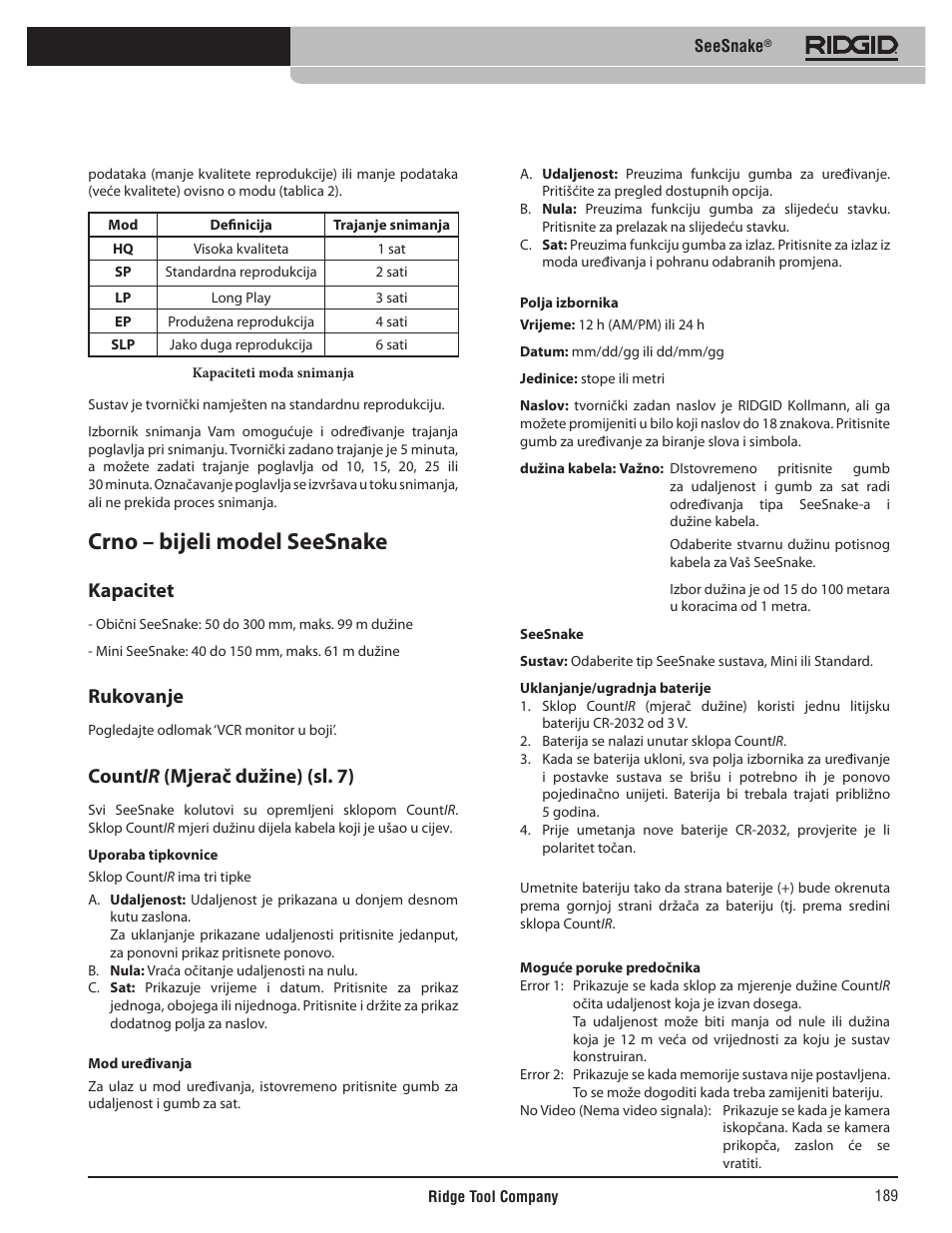 Crno – bijeli model seesnake, Kapacitet, Rukovanje | Count ir (mjerač dužine) (sl. 7) | RIDGID SeeSnake User Manual | Page 190 / 302