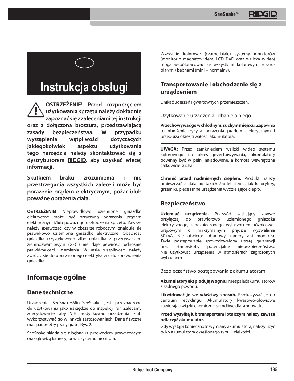 Seesnake, Instrukcja obsługi, Informacje ogólne | Dane techniczne, Transportowanie i obchodzenie się z urządzeniem, Bezpieczeństwo | RIDGID SeeSnake User Manual | Page 196 / 302