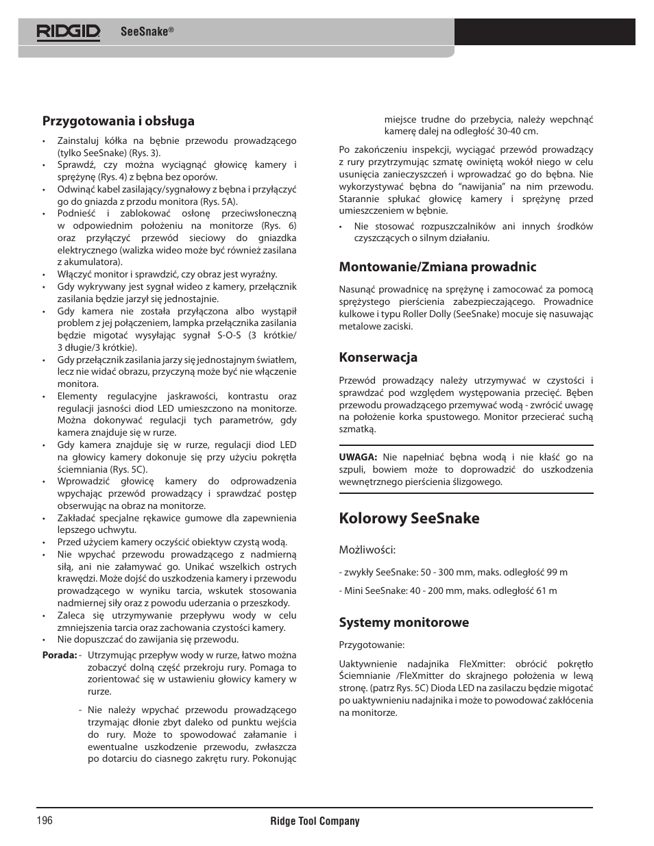 Kolorowy seesnake, Przygotowania i obsługa, Montowanie/zmiana prowadnic | Konserwacja, Systemy monitorowe | RIDGID SeeSnake User Manual | Page 197 / 302