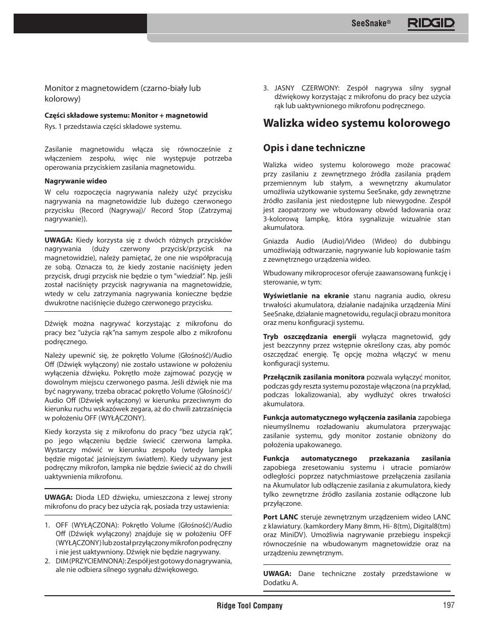 Walizka wideo systemu kolorowego, Opis i dane techniczne | RIDGID SeeSnake User Manual | Page 198 / 302