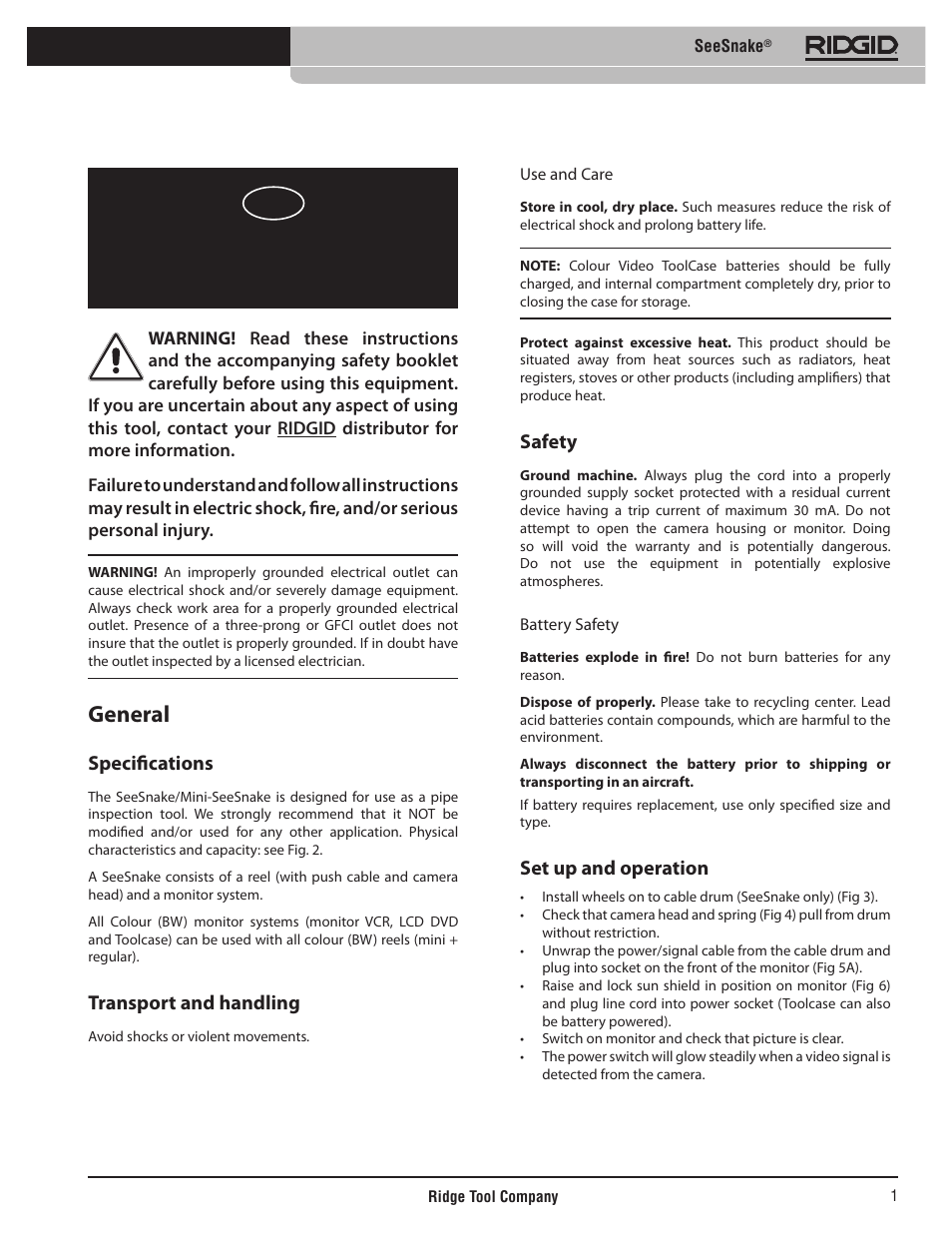 Seesnake, Operating instructions, General | Specifications, Transport and handling, Safety, Set up and operation | RIDGID SeeSnake User Manual | Page 2 / 302