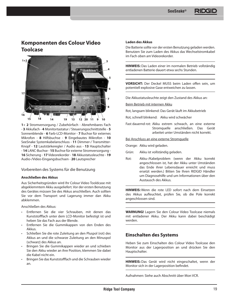 Komponenten des colour video toolcase, Einschalten des systems | RIDGID SeeSnake User Manual | Page 20 / 302