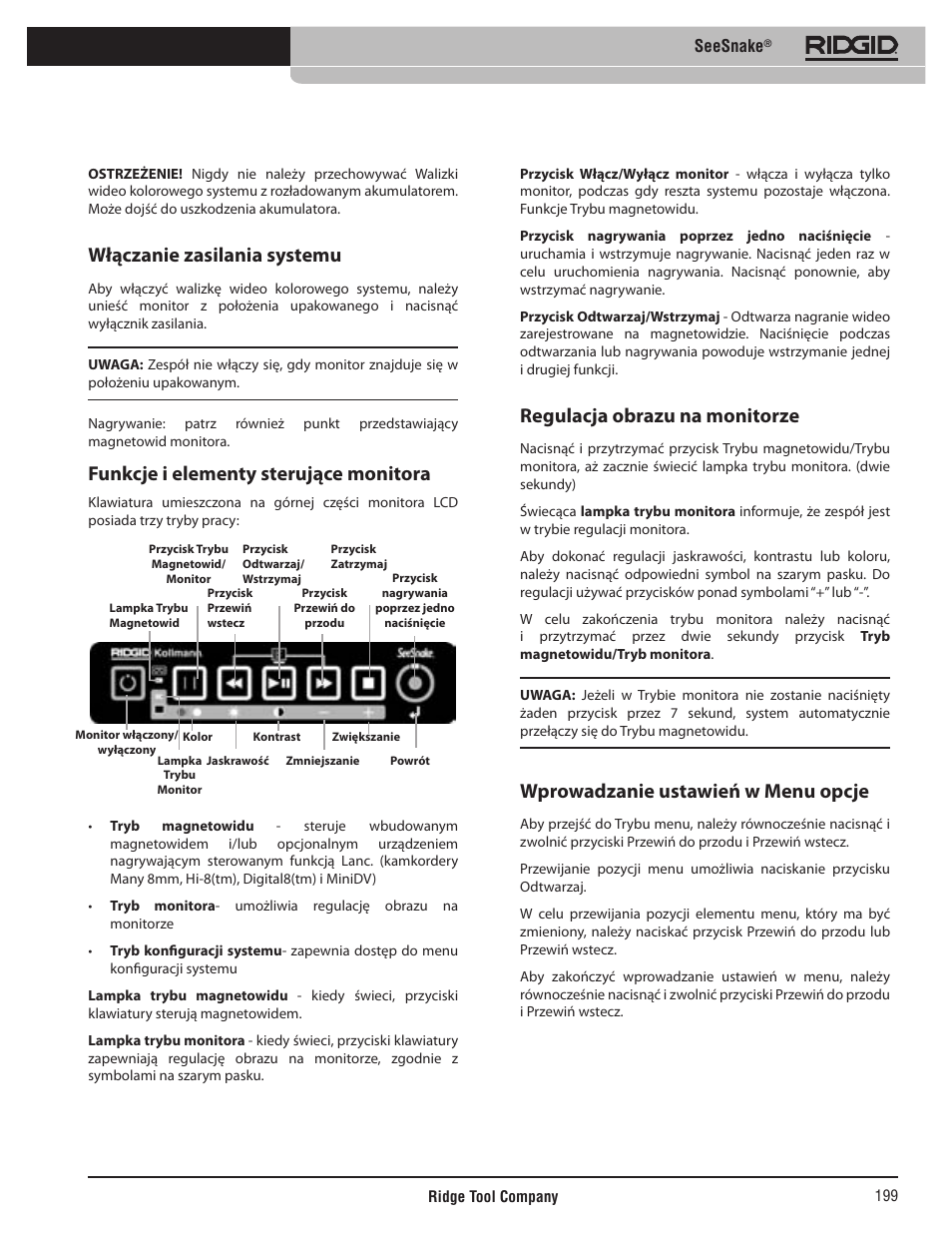 Włączanie zasilania systemu, Funkcje i elementy sterujące monitora, Regulacja obrazu na monitorze | Wprowadzanie ustawień w menu opcje, Seesnake | RIDGID SeeSnake User Manual | Page 200 / 302