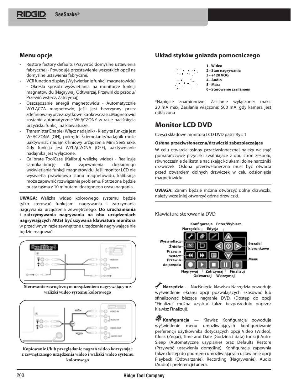 Monitor lcd dvd, Menu opcje, Układ styków gniazda pomocniczego | RIDGID SeeSnake User Manual | Page 201 / 302