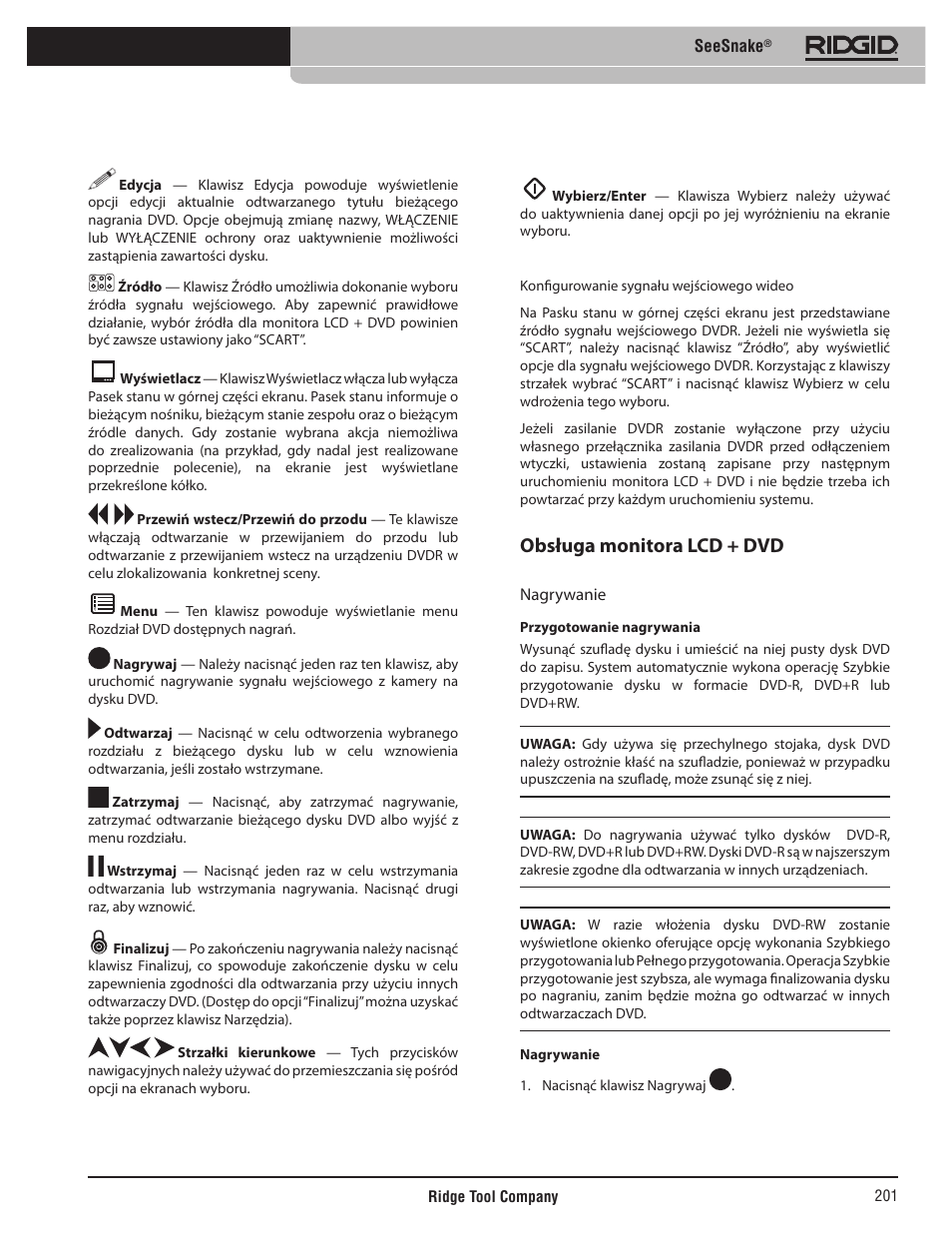 Obsługa monitora lcd + dvd | RIDGID SeeSnake User Manual | Page 202 / 302