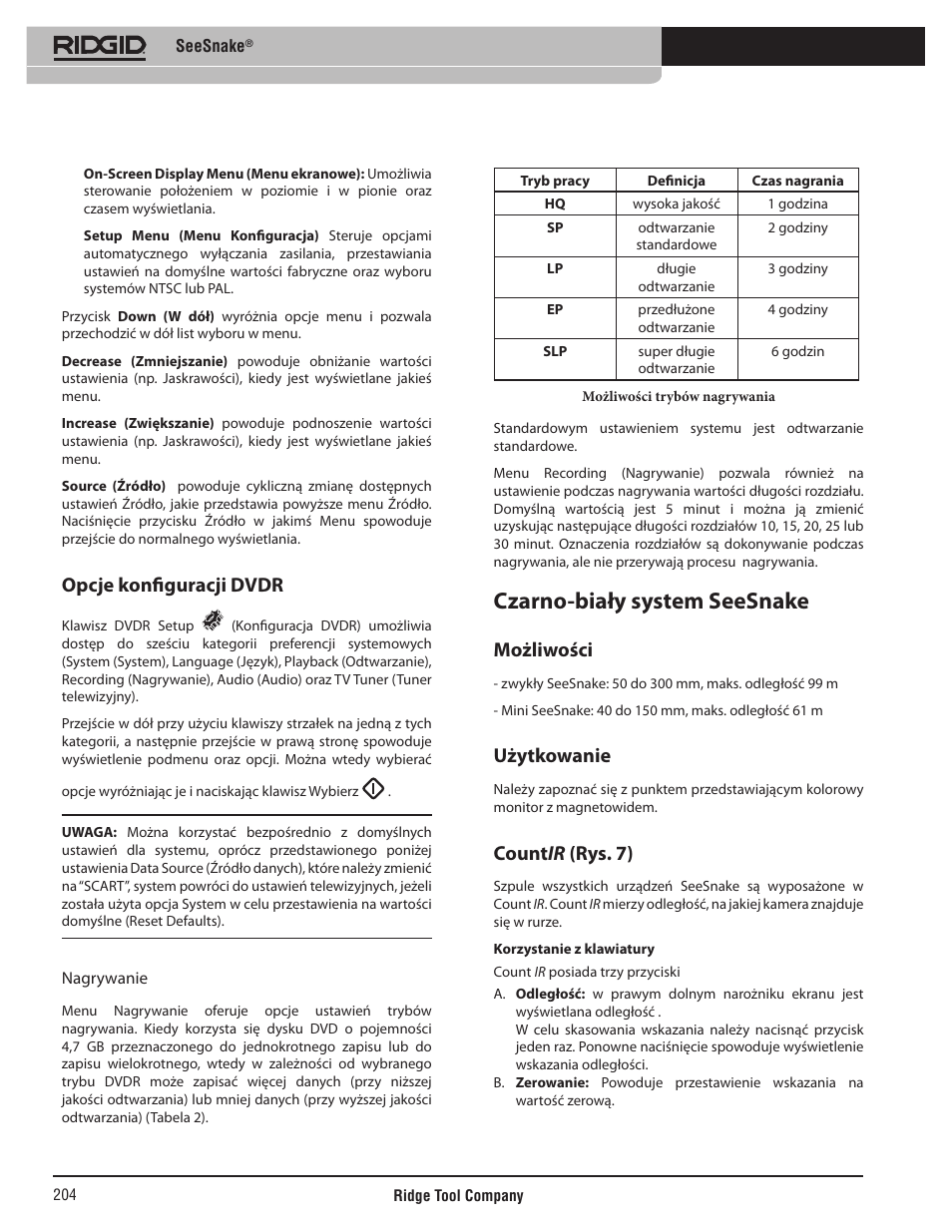 Czarno-biały system seesnake, Opcje konfiguracji dvdr, Możliwości | Użytkowanie, Count ir (rys. 7) | RIDGID SeeSnake User Manual | Page 205 / 302