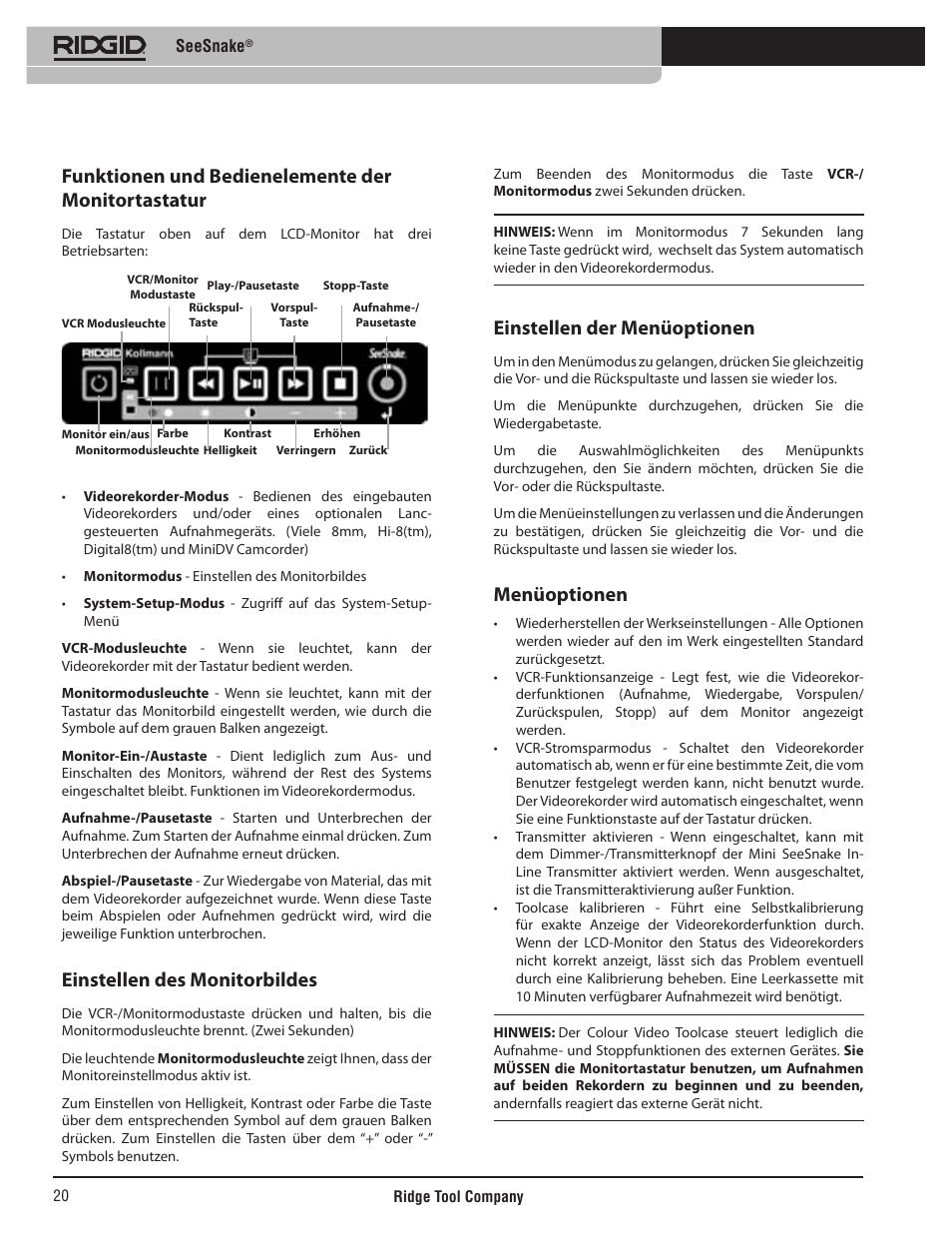 Funktionen und bedienelemente der monitortastatur, Einstellen des monitorbildes, Einstellen der menüoptionen | Menüoptionen | RIDGID SeeSnake User Manual | Page 21 / 302