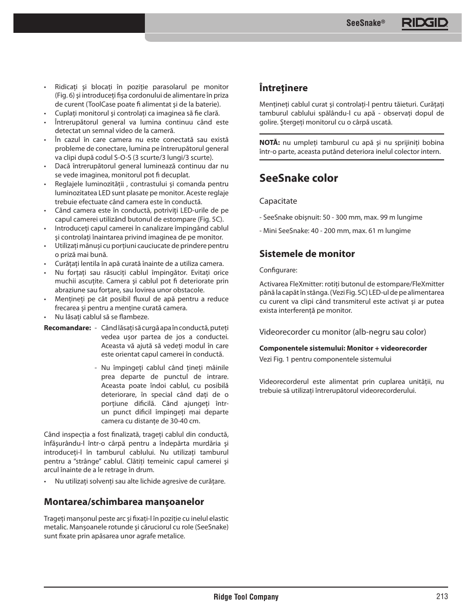 Seesnake color, Montarea/schimbarea manşoanelor, Întreţinere | Sistemele de monitor | RIDGID SeeSnake User Manual | Page 214 / 302