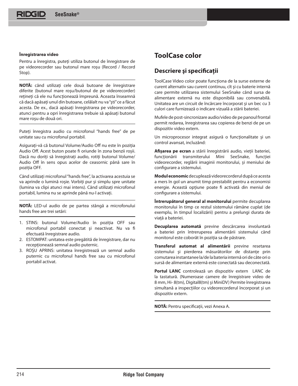 Toolcase color, Descriere şi specificaţii | RIDGID SeeSnake User Manual | Page 215 / 302