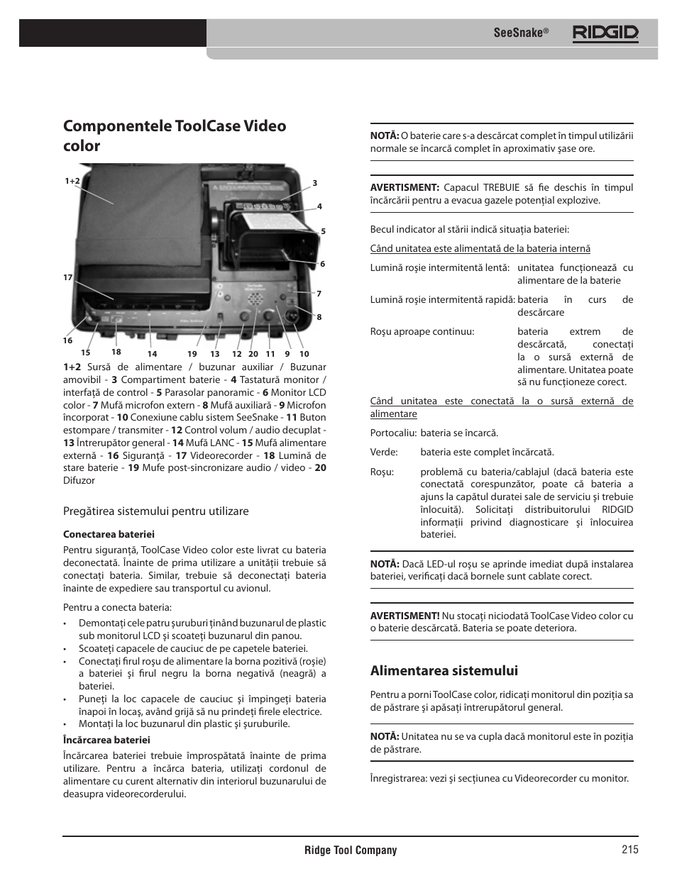 Componentele toolcase video color, Alimentarea sistemului | RIDGID SeeSnake User Manual | Page 216 / 302