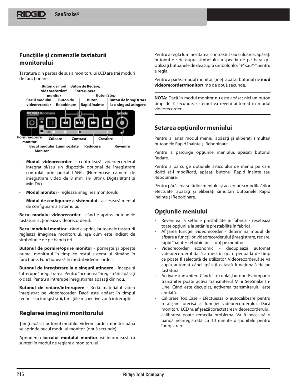 Funcţiile şi comenzile tastaturii monitorului, Reglarea imaginii monitorului, Setarea opţiunilor meniului | Opţiunile meniului | RIDGID SeeSnake User Manual | Page 217 / 302