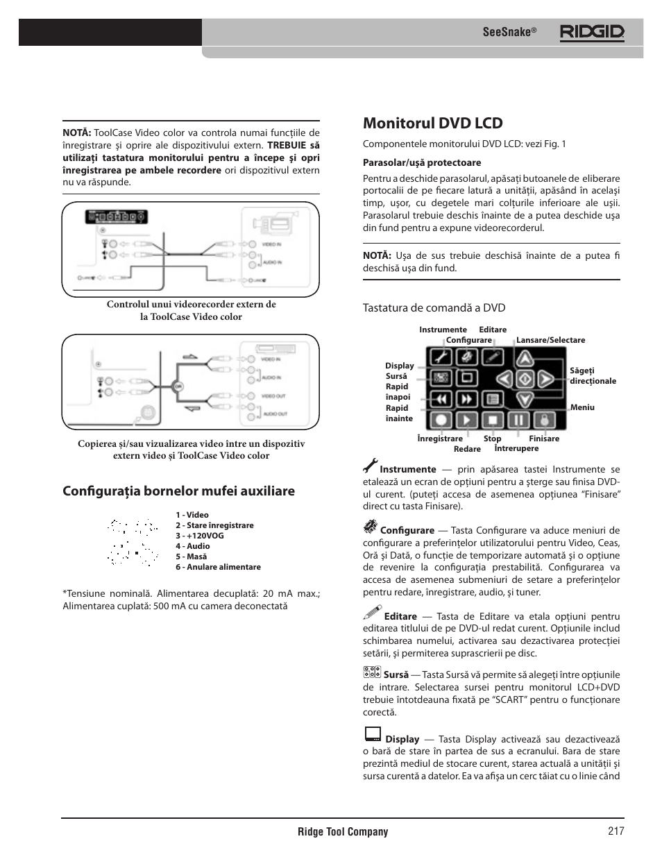 Monitorul dvd lcd, Configuraţia bornelor mufei auxiliare, Seesnake | Tastatura de comandă a dvd | RIDGID SeeSnake User Manual | Page 218 / 302